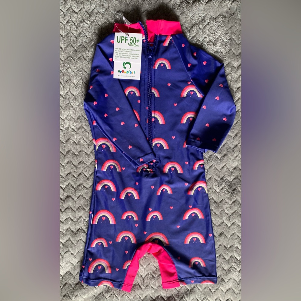 NEW Blue and Rainbow Short Sleeve Swimsuit from Upandfast in 9-12M